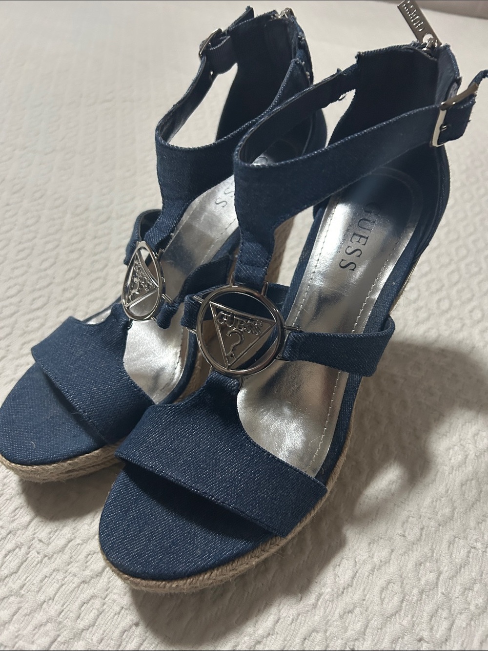 GUESS Dark Blue Denim Espadrille Wedge Sandals with Logo Accent